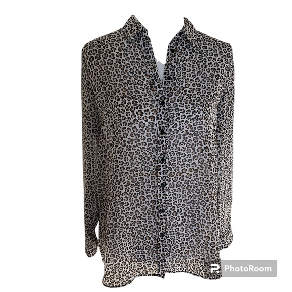 Mango Tops - Mango sheer leopard print long sleeve button down blouse M